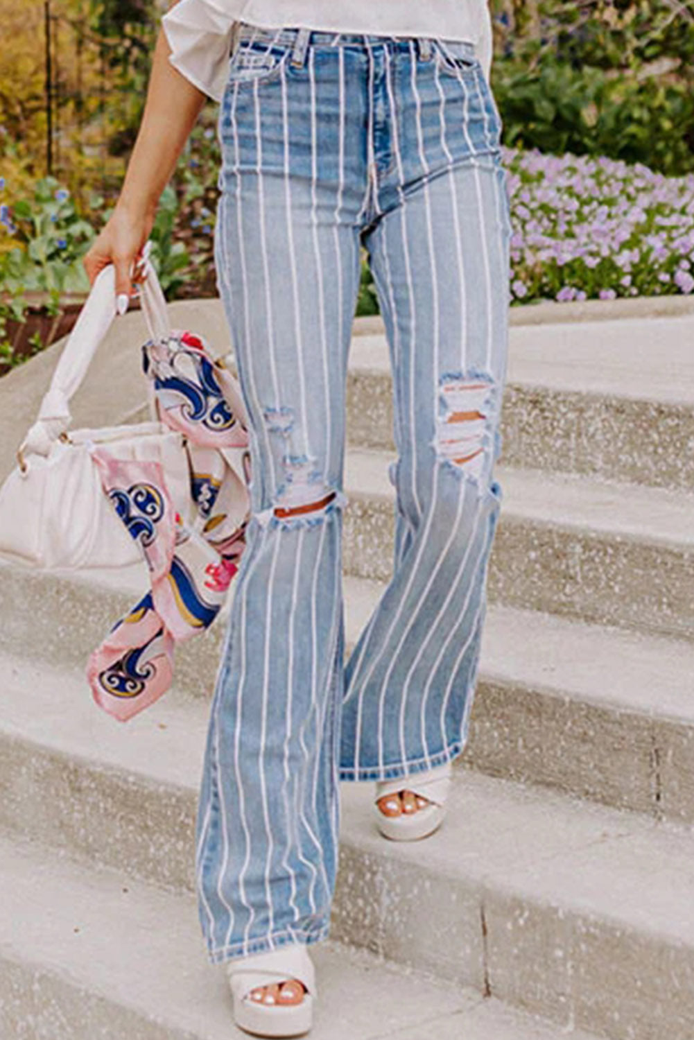 Vertical Striped Ripped Flare Jeans