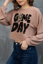 Load image into Gallery viewer, Khaki Game Day Graphic Crop Corded Knit Top