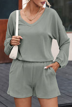 Load image into Gallery viewer, Grass Green Corded V Neck Slouchy Top Pocketed Shorts Set