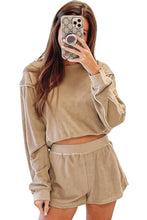 Load image into Gallery viewer, Khaki Piping Trim Long Sleeve Terry Shorts Set