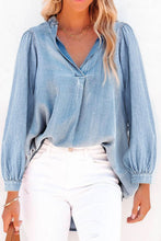 Load image into Gallery viewer, Sky Blue Split V-Neck Balloon Sleeve Ruched Denim Top
