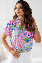 Load image into Gallery viewer, Abstract Floral Print Notch V Neck Rolled Short Sleeve Blouse