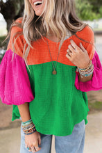 Load image into Gallery viewer, Multicolor Crinkle Bubble Sleeve Color Block Blouse
