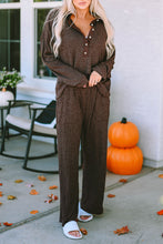 Load image into Gallery viewer, Brown Ribbed Knit Collared Henley Top and Pants Lounge Outfit