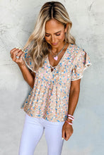 Load image into Gallery viewer, Khaki Crisscross V Neck Ruffle Sleeve Printed Flowy Blouse