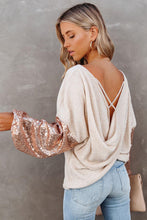 Load image into Gallery viewer, Apricot Sequin Patchwork Sleeve Open Back Waffle Knit Top
