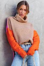 Load image into Gallery viewer, Khaki Color Block Turtle Neck Drop Shoulder Knit Sweater