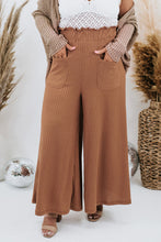 Load image into Gallery viewer, Brown Ribbed Patch Pocket Frill Waist Wide Leg Plus Pants