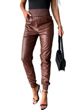 Load image into Gallery viewer, Brown Smocked High-Waist Leather Skinny Pants