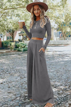Load image into Gallery viewer, Gray Solid Color Ribbed Crop Top Long Pants Set