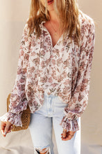 Load image into Gallery viewer, Boho Floral Print Split V Neck Bubble Sleeve Blouse
