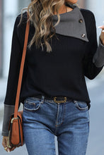 Load image into Gallery viewer, Black Waffle Knit Patchwork Colorblock Asymmetrical Neck Top