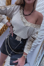 Load image into Gallery viewer, Khaki Sequin Patchwork V Neck Long Sleeve Top