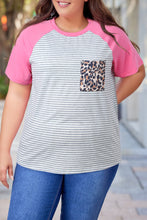 Load image into Gallery viewer, Stripe Leopard Patch Pocket Plus Size Raglan Sleeve Tee