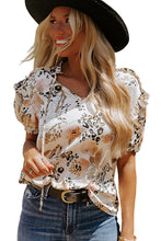 Load image into Gallery viewer, Leopard Floral Print Split Neck Puff Sleeve Blouse
