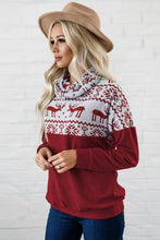 Load image into Gallery viewer, Burgundy Christmas Elk Print Cowl Neck Knit Top