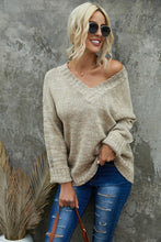Load image into Gallery viewer, Khaki V neck Drop Shoulder Knitted Sweater