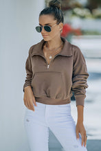 Load image into Gallery viewer, Zipped Turn Down Collar Cropped Sweatshirt with Pocket