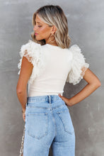 Load image into Gallery viewer, Beige Dotty Mesh Ruffle Sleeve Ribbed Knit Top
