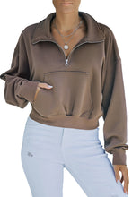 Load image into Gallery viewer, Zipped Turn Down Collar Cropped Sweatshirt with Pocket