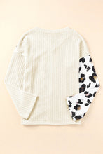 Load image into Gallery viewer, Beige Asymmetric Leopard Patchwork Wide Sleeve V Neck Sweater