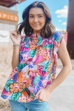 Load image into Gallery viewer, Multicolor Floral Print Flutter Sleeves Smocked Neck Blouse