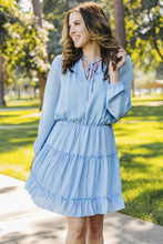 Load image into Gallery viewer, Light Blue V Neck Long Sleeve Ruffle Tiered Mini Dress