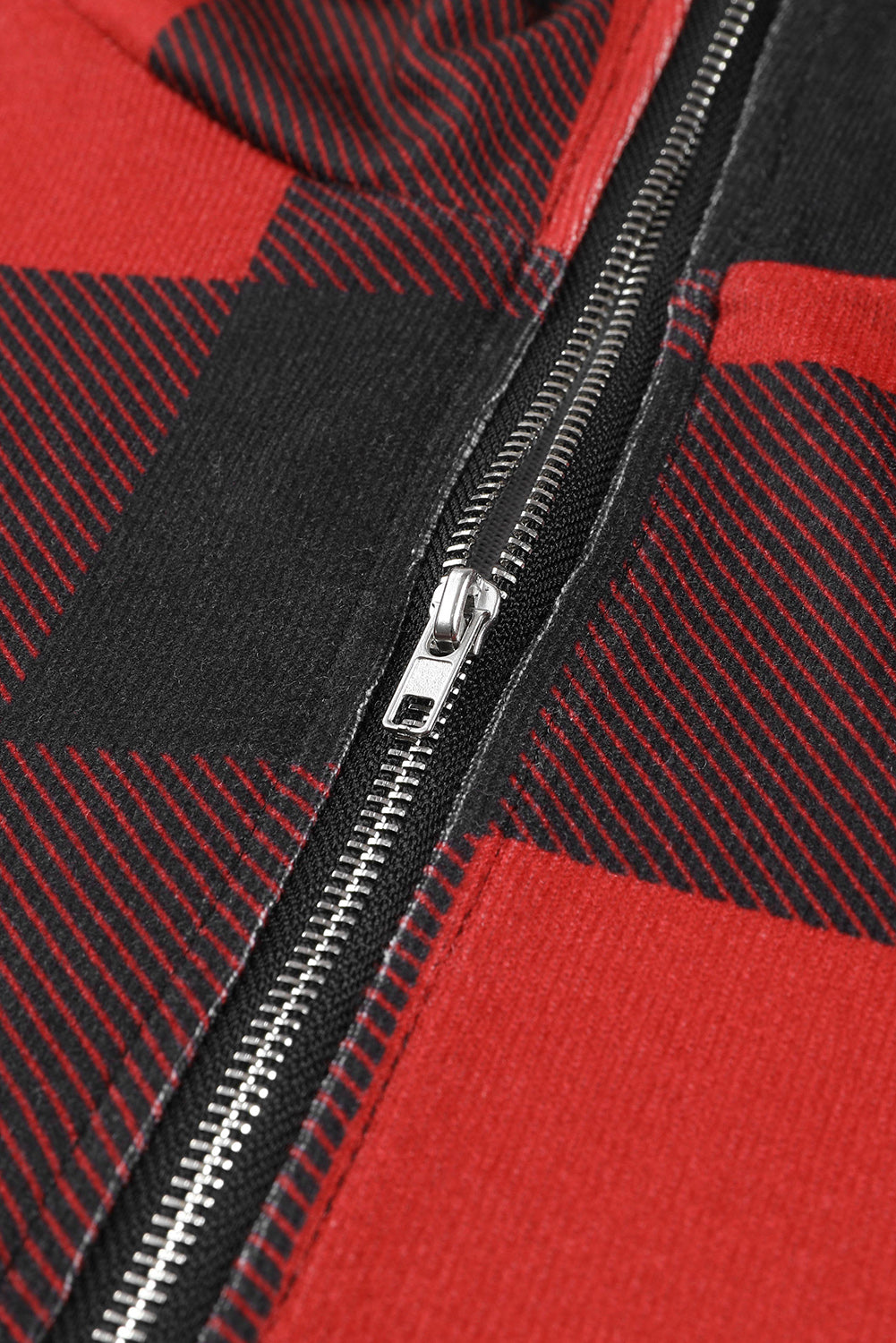 Black Contrast Buffalo Plaid Zip Pullover Hooded Top