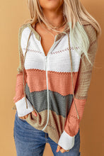 Load image into Gallery viewer, Multicolor Zipped Front Colorblock Hollow-out Knit Hoodie