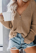 Load image into Gallery viewer, Khaki Zipper V-neck Dropped Sleeve Hooded Solid Sweater