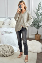 Load image into Gallery viewer, Khaki V neck Drop Shoulder Knitted Sweater