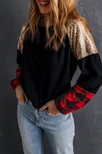 Load image into Gallery viewer, Crewneck Lantern Sleeve Plaid Sequin Splicing Pullover Sweatshirt
