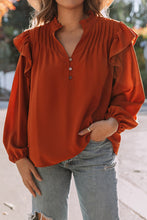Load image into Gallery viewer, Ruffled Pleated Buttoned V Neck Blouse