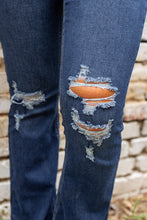 Load image into Gallery viewer, Dark Washed Distressed Flare Bottom Jeans