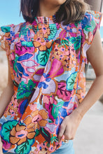 Load image into Gallery viewer, Multicolor Floral Print Flutter Sleeves Smocked Neck Blouse
