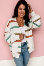 Load image into Gallery viewer, Beige Drop Shoulder Pocketed Stripe Sweater Cardigan