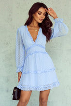 Load image into Gallery viewer, Layered Ruffled Open Back Puff Sleeve Swiss Dot Mini Dress