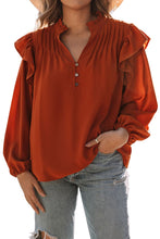 Load image into Gallery viewer, Ruffled Pleated Buttoned V Neck Blouse