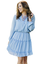 Load image into Gallery viewer, Light Blue V Neck Long Sleeve Ruffle Tiered Mini Dress