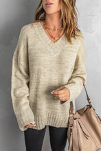 Load image into Gallery viewer, Khaki V neck Drop Shoulder Knitted Sweater