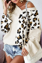 Load image into Gallery viewer, Beige Asymmetric Leopard Patchwork Wide Sleeve V Neck Sweater