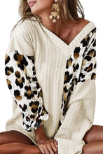 Load image into Gallery viewer, Beige Asymmetric Leopard Patchwork Wide Sleeve V Neck Sweater