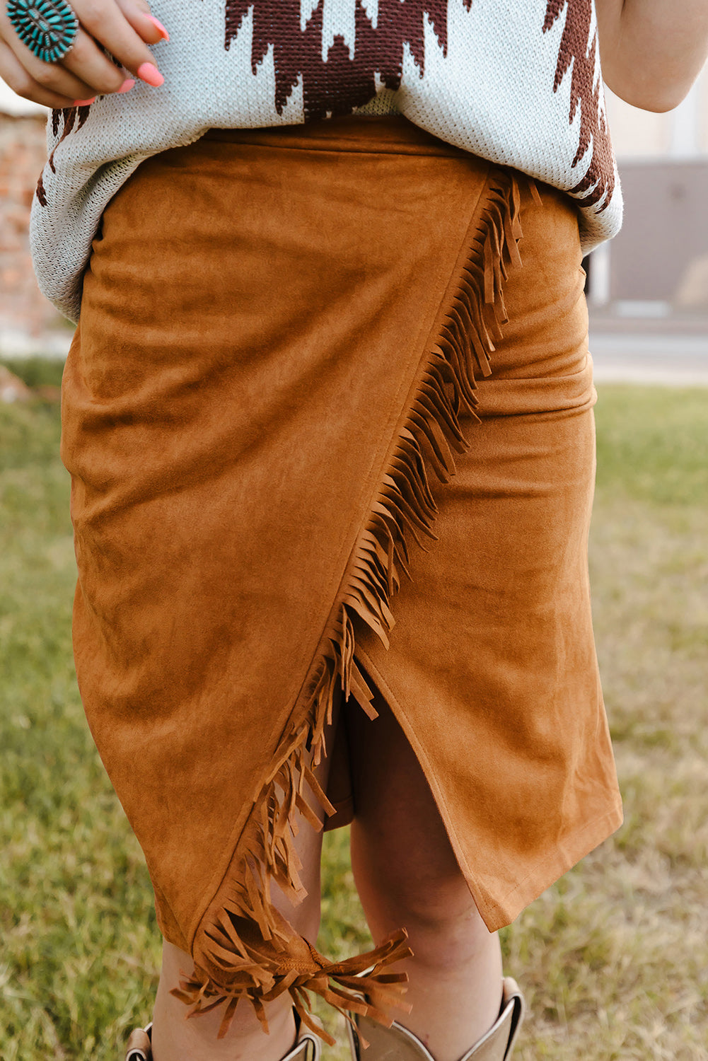Fringed Wrap Western Midi Skirt