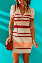 Load image into Gallery viewer, Striped Ribbed Knit V Neck Bodycon Mini Dress