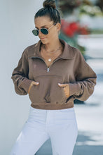 Load image into Gallery viewer, Zipped Turn Down Collar Cropped Sweatshirt with Pocket