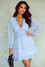 Load image into Gallery viewer, Layered Ruffled Open Back Puff Sleeve Swiss Dot Mini Dress