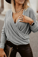 Load image into Gallery viewer, Black/Pink/Gray/Khaki/Apricot Wrap V Neck Waffle Sweater