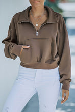 Load image into Gallery viewer, Zipped Turn Down Collar Cropped Sweatshirt with Pocket