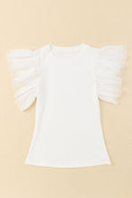 Load image into Gallery viewer, Beige Dotty Mesh Ruffle Sleeve Ribbed Knit Top