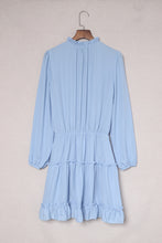 Load image into Gallery viewer, Light Blue V Neck Long Sleeve Ruffle Tiered Mini Dress